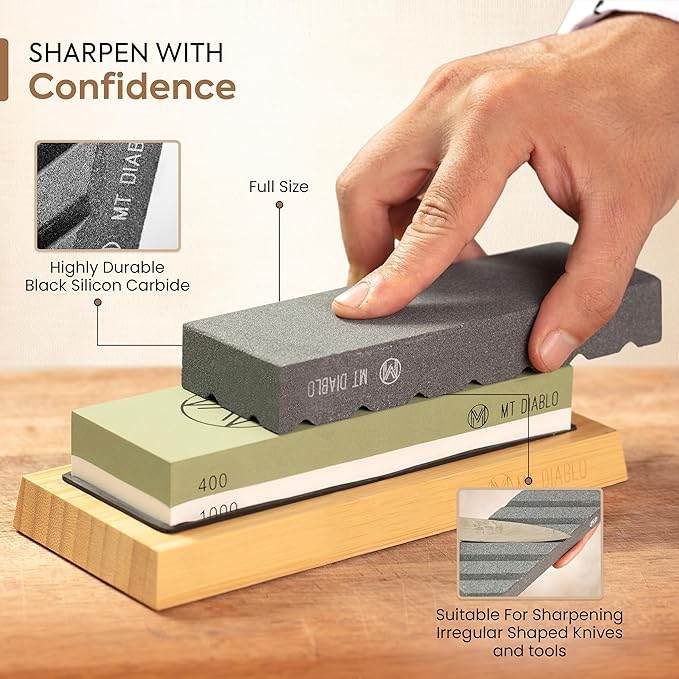 Mt Diablo Knife Sharpener Stone Kit for Chefs & Woodworkers: Dual-Grit Whetstones 400/1000 & 3000/8000, Premium White Corundum, Knife Sharpening Kit with Bamboo Base & Angle Guide, Flattening Stone