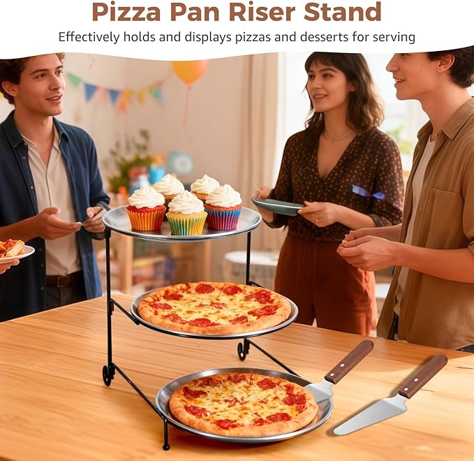 NIMBLOOM 7 Pcs Pizza Pan Riser Stands Sets, Including 3 Tier Dessert Stand with Stainless Steel Pizza Pans(7.87in), and 3 Cake Spatulas for Cakes, Desserts, Pizza, Appetizers