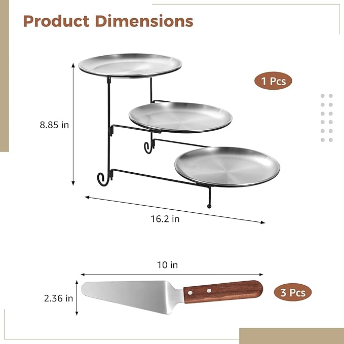 NIMBLOOM 7 Pcs Pizza Pan Riser Stands Sets, Including 3 Tier Dessert Stand with Stainless Steel Pizza Pans(7.87in), and 3 Cake Spatulas for Cakes, Desserts, Pizza, Appetizers