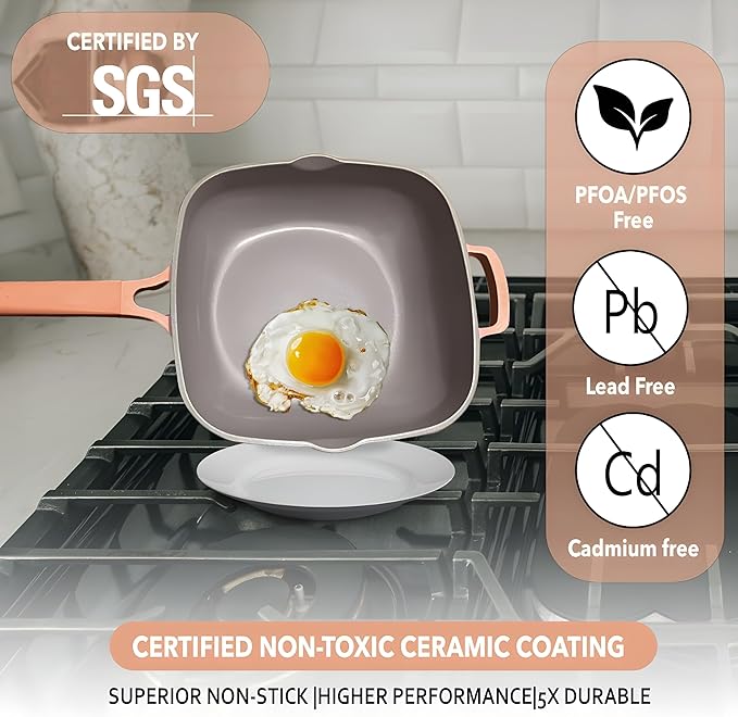 Nonstick Ceramic Saute Pan with Steamer, Non Toxic Deep Frying Skillet with Spatula, PFOA,PFOS,Lead & Cadmium Free,Dishwasher Safe,4 Qt,11-inch, Terracotta,All in One Pan,ceramic cookware with lid