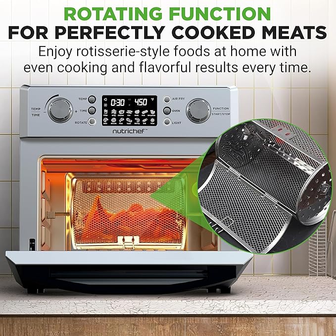 NutriChef 26QT Air Fryer Oven | Countertop Convection Toaster & Air Fryer | 360° Rotisserie Feature | 10 Digital Presets | Includes Drip Tray, Air Frying Basket & Bake Rack 15x16x14 | Stainless Steel