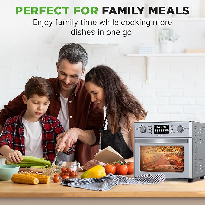 NutriChef 26QT Air Fryer Oven | Countertop Convection Toaster & Air Fryer | 360° Rotisserie Feature | 10 Digital Presets | Includes Drip Tray, Air Frying Basket & Bake Rack 15x16x14 | Stainless Steel