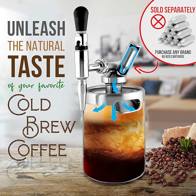 NutriChef Nitro Cold Brew Coffee Maker - Home Brew Coffee Keg, Nitrogen Coffee Machine Dispenser System w/ Pressure Relieving Valve Kit & Stout Creamer Faucet, Stainless steel - NutriChef NCNTROCB10