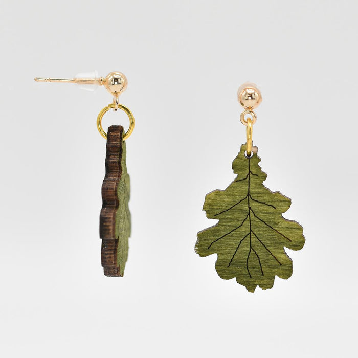 Oak Leaf Wooden Dangle Earrings front and side