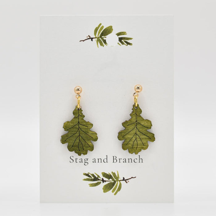 Oak Leaf Wooden Dangle Earrings on card