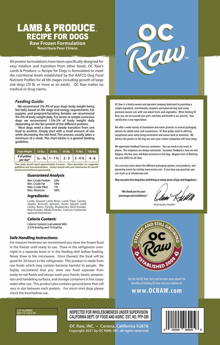 OC Raw Patties Frozen Dog Food Lamb & Produce