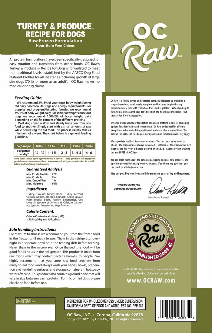 OC Raw Patties Frozen Dog Food Turkey & Produce