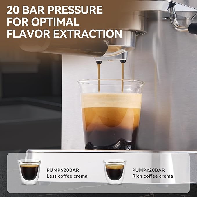 Olayks Espresso Machine 20 Bar, Brush Stainless Steel Espresso Maker with Milk Frother Steam Wand, 1400W Espresso Coffee Machine with 1.8L Removable Water Tank for Latte, Cappuccino,Machiato