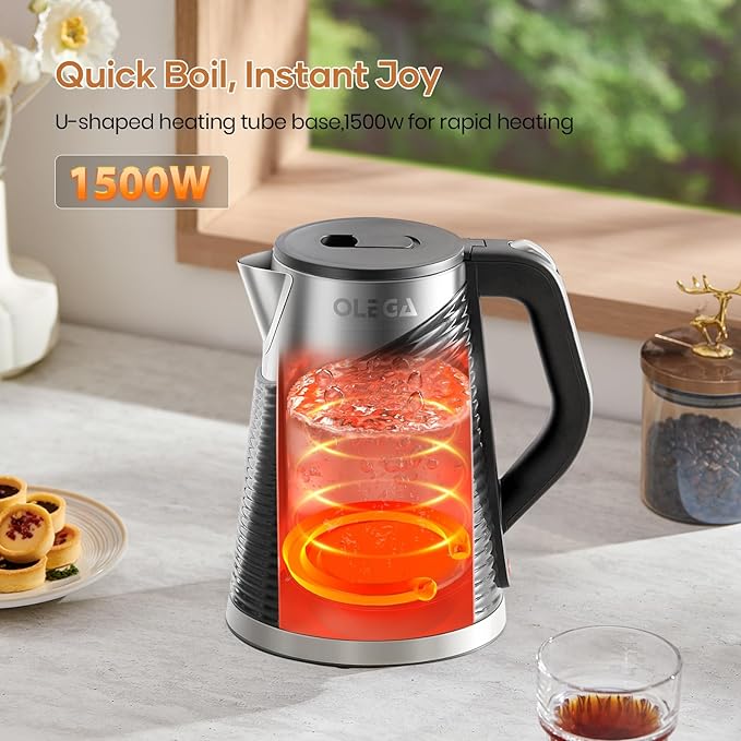 OLEGA Electric Kettle - 1500W Electric Tea Kettle 1.8L Stainless Steel Inner Electric Kettles for Boiling Water Auto Shut Off Boil-Dry Protection Electric Water Kettle for Coffee Tea (Black + Silver)