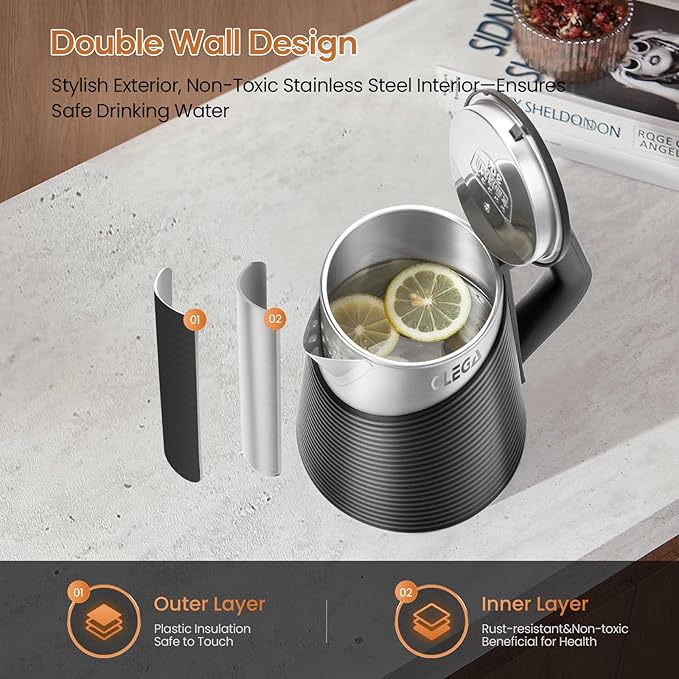 OLEGA Electric Kettle - 1500W Electric Tea Kettle 1.8L Stainless Steel Inner Electric Kettles for Boiling Water Auto Shut Off Boil-Dry Protection Electric Water Kettle for Coffee Tea (Black + Silver)