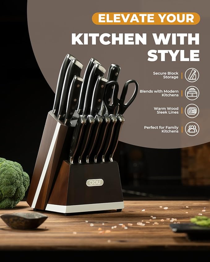 OOU 2025 Kitchen Knife Set with Block, 15-Piece German Stainless Steel Knife Blcok Set with Sharpening Rod, Ergonomic Wood Handle,Premium Razor-Sharp Knives Set for Kitchen