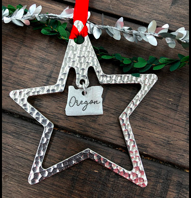 Oregon Star Pewter Christmas Ornament, Crosby and Taylor 3 1/2" x 4"