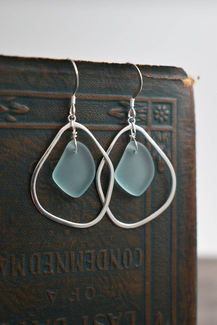 Close-up of Organic Eco Glass Earrings in Periwinkle highlighting their unique frosted finish resembling natural sea glass.