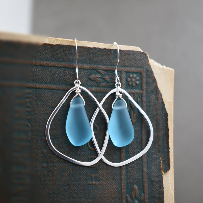Close-up of Organic Eco Glass Earrings - Recycled Glass and .925 Silver, highlighting the beautiful Periwinkle color.