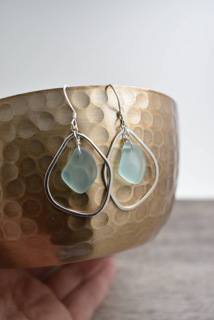 Organic Eco Glass Earrings in seafoam color, made from recycled glass and .925 silver, showcasing a minimalist design.