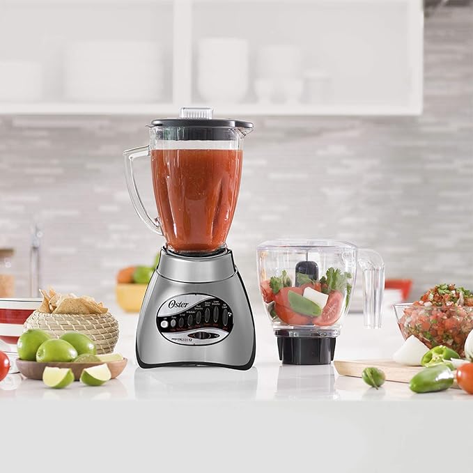 Oster Classic Series 16-Speed Blender with Food Chopper & 6-Cup Glass Jar, Countertop Kitchen Blender, Brushed Nickel