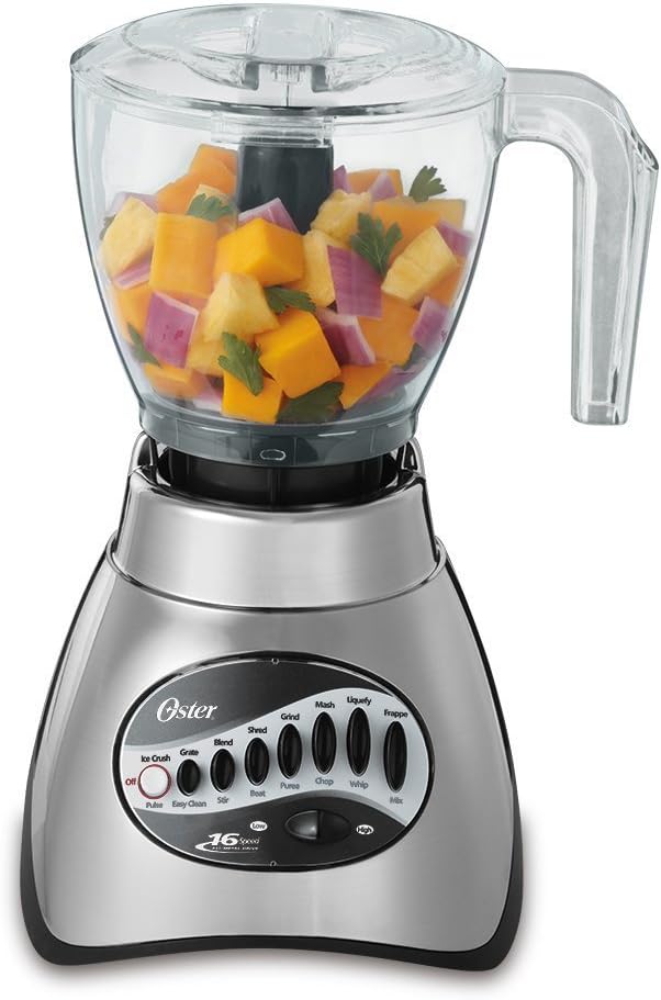 Oster Classic Series 16-Speed Blender with Food Chopper & 6-Cup Glass Jar, Countertop Kitchen Blender, Brushed Nickel