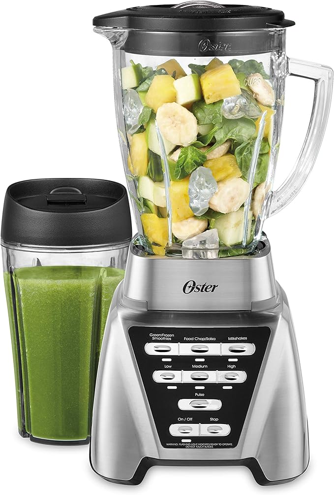 Oster Pro 1200 Smoothie Blender with Glass Jar & 24oz To-Go Cup, Countertop Kitchen Blender with 7 Speeds, 1200W Power, Brushed Nickel