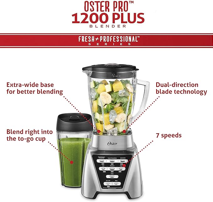 Oster Pro 1200 Smoothie Blender with Glass Jar & 24oz To-Go Cup, Countertop Kitchen Blender with 7 Speeds, 1200W Power, Brushed Nickel