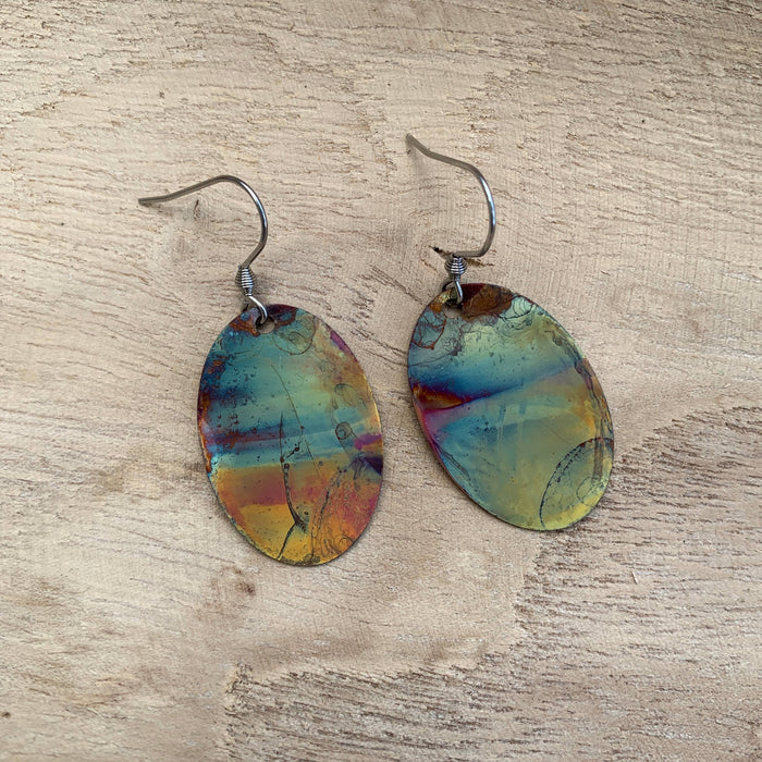 Oval Copper Earrings with colorful fire-painted patterns and lightweight stainless steel ear wires