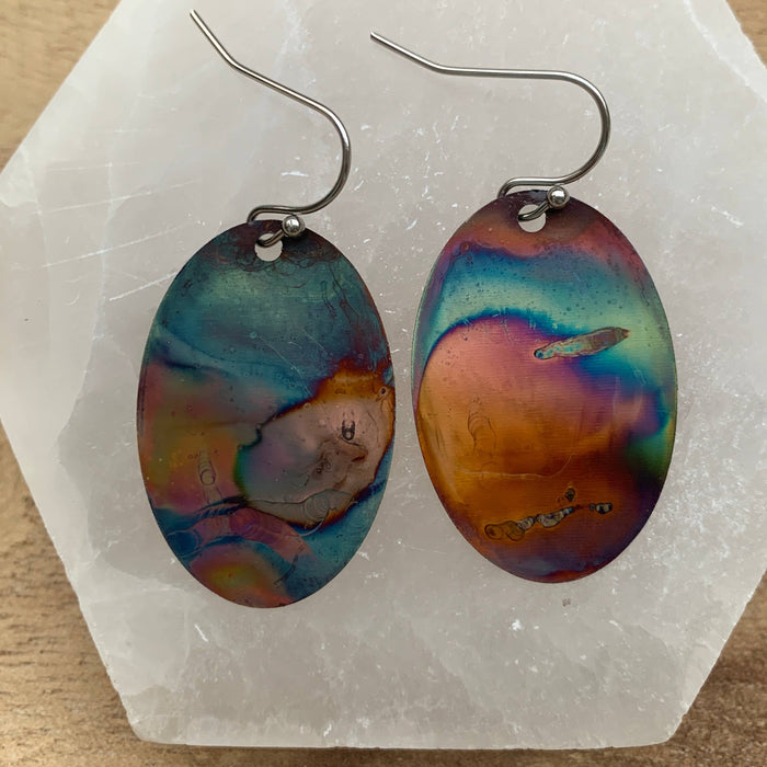 Oval Copper Earrings with vibrant hand-painted copper textures and stainless steel ear wires