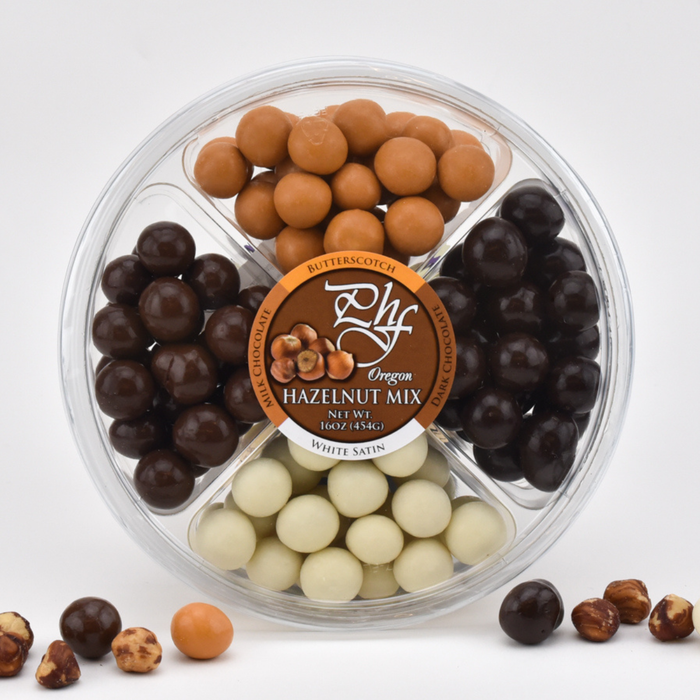 Pacific Hazelnut Farms Oregon Hazelnut Mix with Butterscotch, Dark Chocolate, Milk Chocolate, and White Satin
