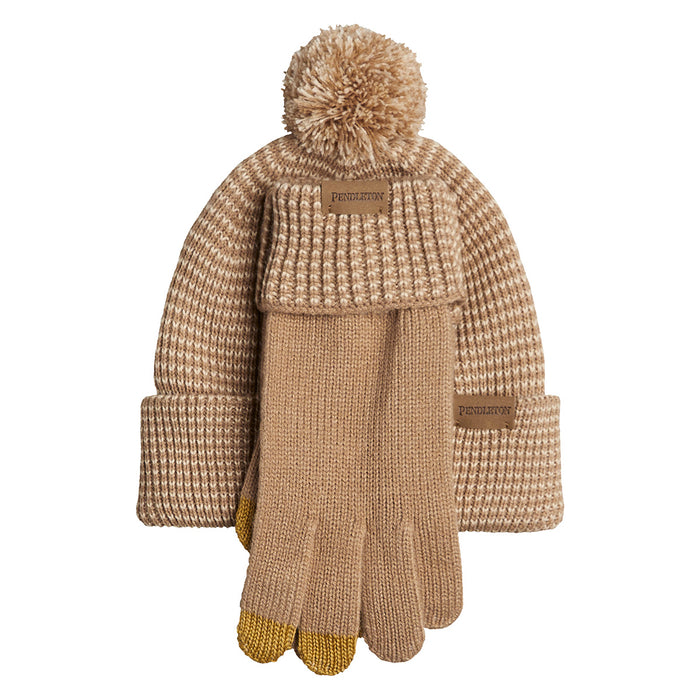 Pendleton Tan Knit Beanie and Glove Set