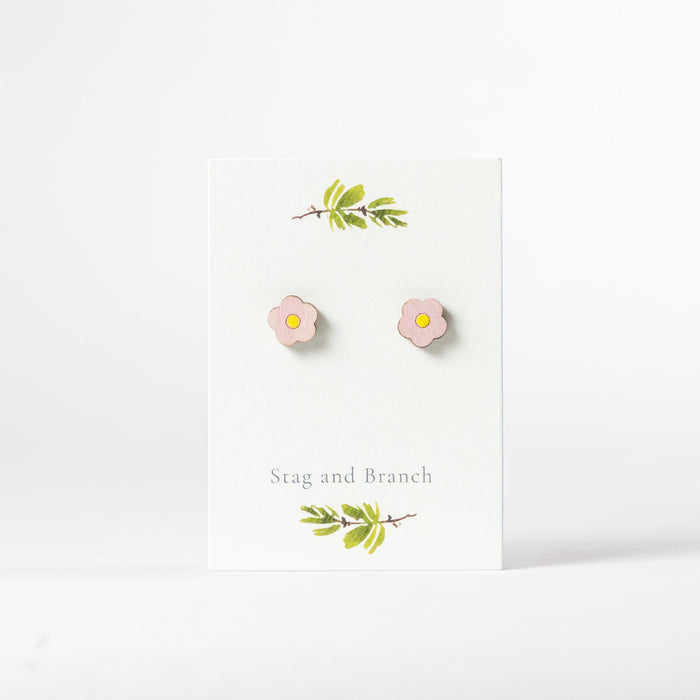 Pink Daisy Wood Stud Earrings