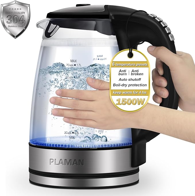 Plaman Cool Touch Electric Kettle with 6 Temp Presets for Tea/Coffee