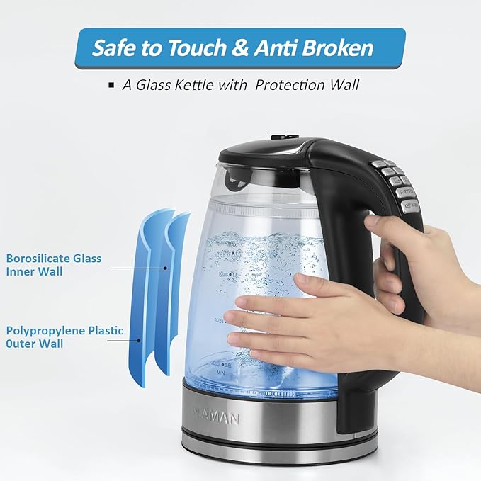 Plaman Cool Touch Electric Kettle with 6 Temp Presets for Tea/Coffee