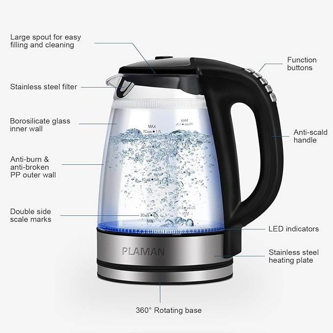 Plaman Cool Touch Electric Kettle with 6 Temp Presets for Tea/Coffee