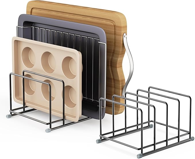 PLUVON Cutting Board Organizer-1.6in Wide Kitchen Cutting Board Holder Stand for Pan,Baking Sheets,Cookie Sheets with 4 Slots,Baking Sheet Oragnizer(2PC-Medium)