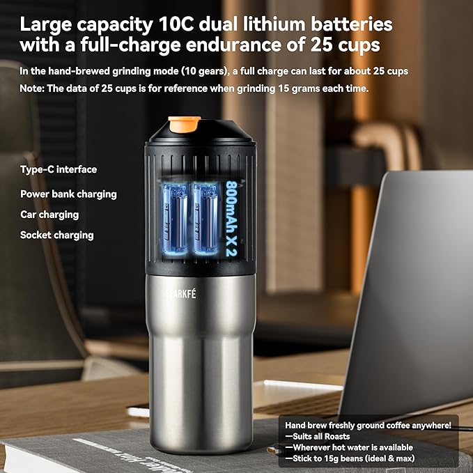 Portable Pour Over Coffee Maker, Rechargeable Electric Grinder with Stainless Steel Conical Burr, Integrated Hand Brew Kit with Stainless Steel Filter Dripper & Travel Mugs, for Camping, Outdoors