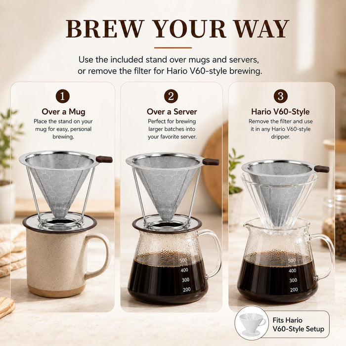 Pour Over Coffee Dripper, Reusable Stainless Steel Coffee Filter with 800-Mesh Double-Layer Cone, Paperless Single Cup Coffee Maker for Mugs, Travel and Camping