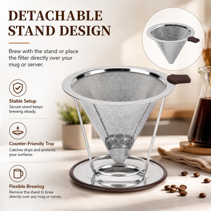 Pour Over Coffee Dripper, Reusable Stainless Steel Coffee Filter with 800-Mesh Double-Layer Cone, Paperless Single Cup Coffee Maker for Mugs, Travel and Camping