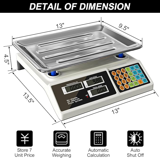 Price Computing Scale 88lb/40kg LCD Digital Commercial Price Scale with Stainless Steel Platform,Produce Scale & Food Scale for Farmers Market, Retail Outlets, Meat Shop (Tray)