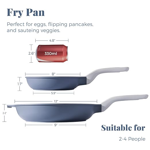 PRICUSIS Nonstick Ceramic Frying Pan Skillet, 8+12 Inch Induction Compatible with Stay Cool Handle, Healthy PTFE PFAS & PFOA Free Omelet Pan, Dishwasher Safe (Blueberry Gray)
