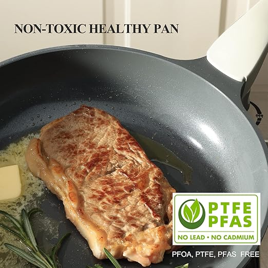 PRICUSIS Nonstick Ceramic Frying Pan Skillet, 8+12 Inch Induction Compatible with Stay Cool Handle, Healthy PTFE PFAS & PFOA Free Omelet Pan, Dishwasher Safe (Blueberry Gray)