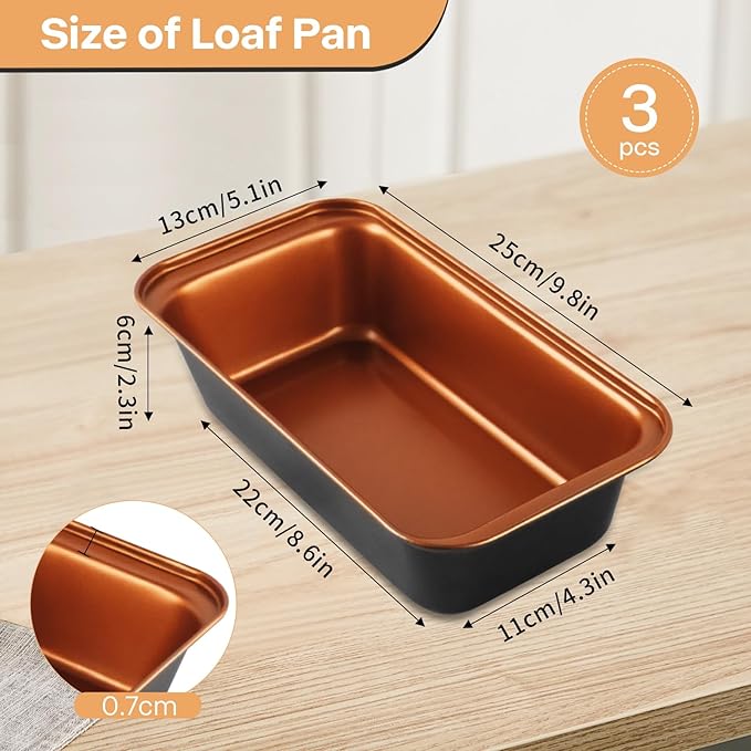Proigtz 9x4 Inch Loaf Pan 3 Pack, Carbon Steel Nonstick Copper Bread Pan