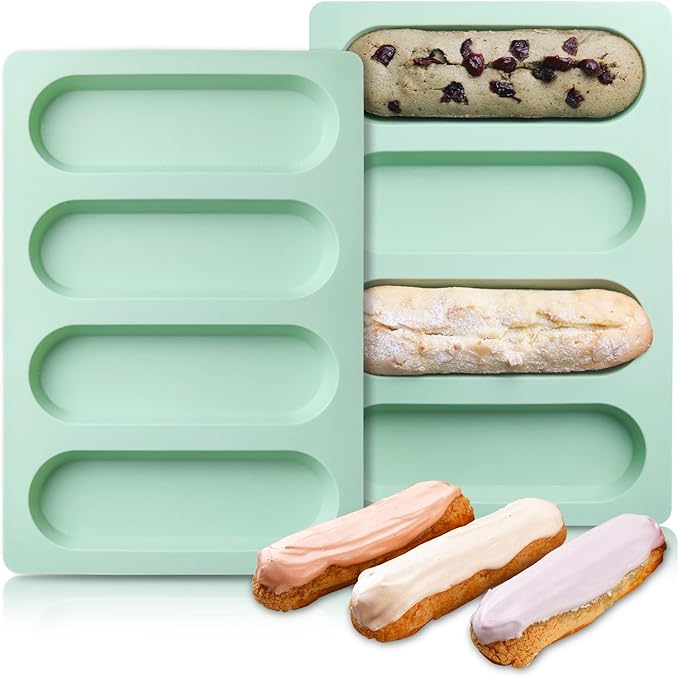 QELEG Eclair Mold, 2 Pcs Silicone Hot Dog Bun Pan