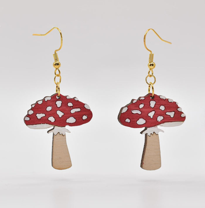 Red Mushroom Wooden Dangle Earrings