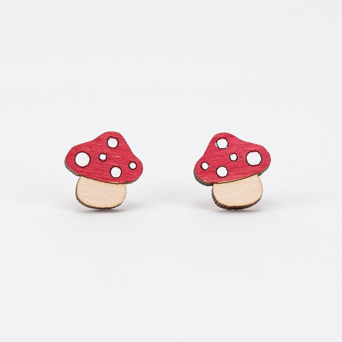 Red Mushroom Wooden Stud Earrings