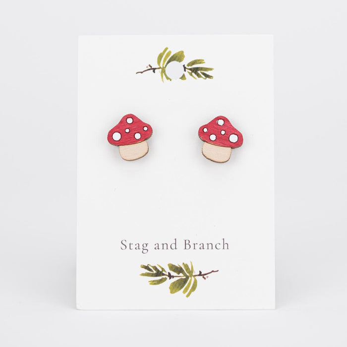 Red Mushroom Wooden Stud Earrings