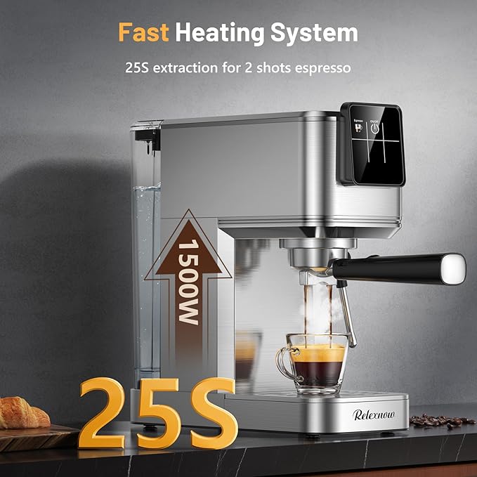 RELEXNOW Espresso Machine, 20 Bar Espresso Maker Milk Frother & LCD Panel, Hot & Iced with Rapid Cold Brew, Stainless Steel Espresso Coffee Machine with 41oz Water Tank for Cappuccino, Latte