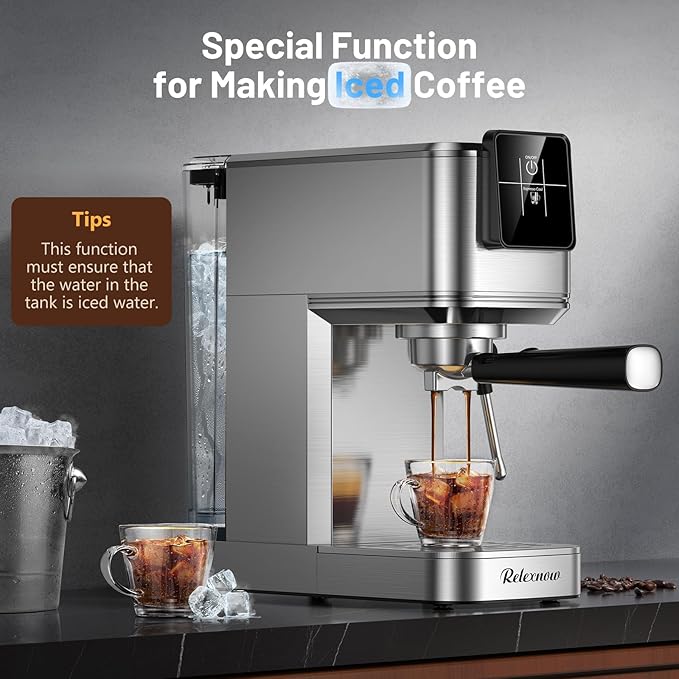 RELEXNOW Espresso Machine, 20 Bar Espresso Maker Milk Frother & LCD Panel, Hot & Iced with Rapid Cold Brew, Stainless Steel Espresso Coffee Machine with 41oz Water Tank for Cappuccino, Latte