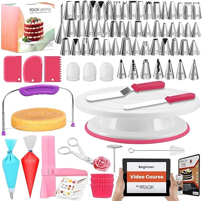 RFAQK 200PCs Cake Decorating Kit with Cake Turntable & Leveler, Baking Supplies Gift Includes 110+1 Piping Bags,55 Icing Tips,2 Frosting Spatulas, Adjustable Scraper, Video Tutorial, Booklet & more