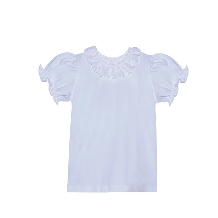 RN S/S Knit Blouse w/ Eyelet Ruffle Collar-White