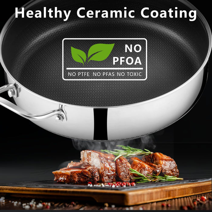 SAKAMOSH 5.6 Qt Hybrid Nonstick Deep Sauté Pan & Lid, 12" Stainless Steel