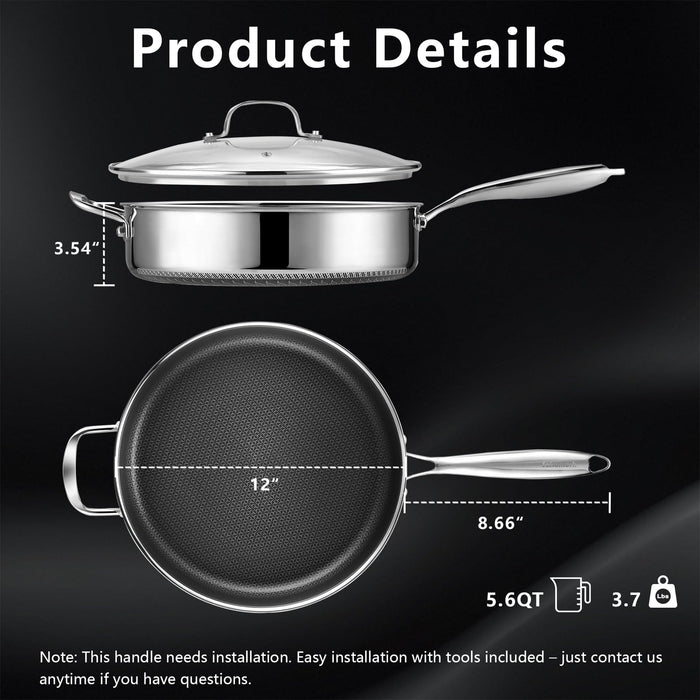 SAKAMOSH 5.6 Qt Hybrid Nonstick Deep Sauté Pan & Lid, 12" Stainless Steel
