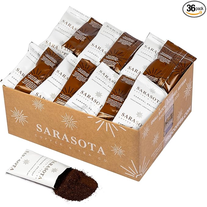Salted Caramel Coffee Packs – Flavored Medium Roast | 2.5oz Pre-Measured Ground Packets for 12-Cup Brewer | Low Acid Mold-Free Gourmet Pouches | 36 Count by Sarasota Coffee